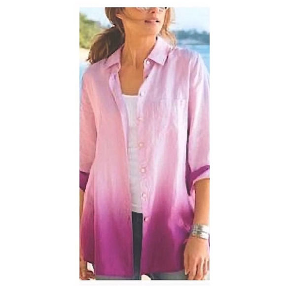 Soft Surroundings 100 linen pink ombre tunic button up tunic long sleeve beach L - Picture 1 of 10